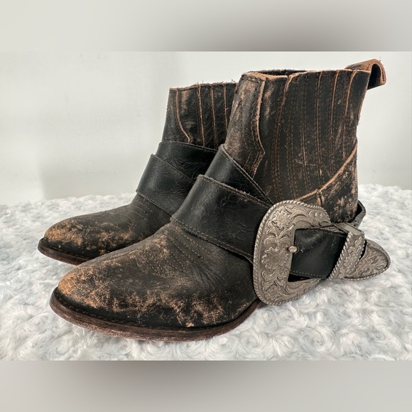 Distressed Genuine Leather Cowgirl Cowboy Booties - Picture 1 of 9